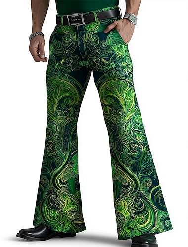  Calças de Disco Masculinas Paisley Trevo de Quatro Folhas Dia de São Patrício 60s 70s Calças Sereia de Cintura Média Vintage Retro Férias Bolsos Laterais Calças com Pernas Largadas Primavera Outono