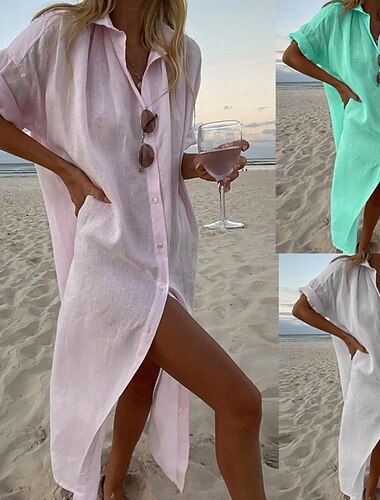  Damen Midikleid Sommerkleid Shiftkleid Strand Täglich Ferien Lässiger Schnitt Einfach Kurzarm Revers Weiß Rosa Grün Sommer