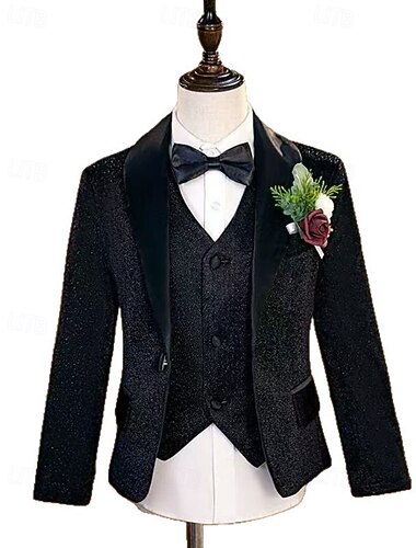  Ring-Träger Anzug Jungen Kinder Anzug Blazer & Weste & Hosen & Hemd & Krawatte Lässig Outdoor Party Mode Cool Basic Einfarbig Pailletten Tasche Knöpfe Schwarz Polyester