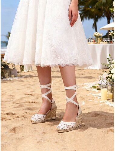  Dames espadrillesandalen met kant en sleehak - elegante bruidsschoenen met lintstrik voor strandceremonies, comfortabele bruidsschoenen &bruidsmeisjes zomerschoenen