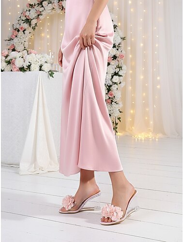  Damessandalen met bloemenprint en transparante hak, doorzichtige muiltjes met lage hak voor bruidsmeisjes, elegante tuinbruiloft &buitenschoenen voor ceremonies