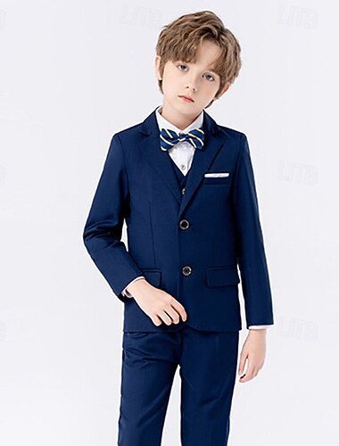  リングベアラースーツ 男の子用 子供用スーツ ブレザー &ベスト &ズボン &ネクタイ ボーイズ フォーマルスーツ カジュアル アウトドア パーティー ファッション クール ベーシック 無地 ポケット ボタン ブラック ネイビーブルー ポリエステル