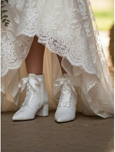  Dames bruiloft Schoenen Laarzen Valentijnscadeaus Hak Laarzen Rustieke bruiloft Booties enkellaarzen Bruidsschoenen Bruidsmeisje Schoenen Kant Blokhak Gepuntte Teen Romantisch Kant Satijn Veters