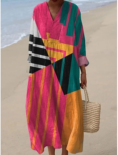  Damen Maxikleid Shiftkleid Sommerkleid Urlaub Lässig Strand Ausgehen Lässiger Schnitt Grafik Geometrisch Abstrakt Langarm V Ausschnitt Blau Gelb Dunkelpink Orange Sommer Frühling Herbst