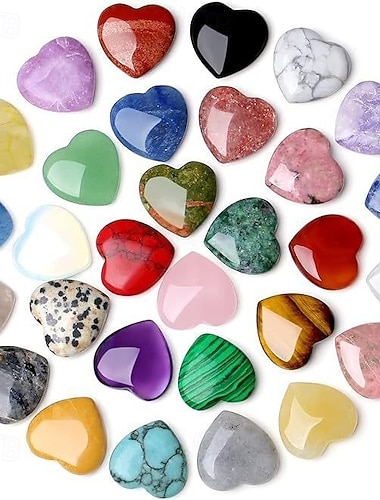  30 Stück natürliche, polierte Herzkristalle | Heilkristalle in Herzform | Rosenquarz-Amethyst-Sortiment, geeignet für Yoga, Meditation, als Liebesgeschenk und für DIY-Bastelarbeiten