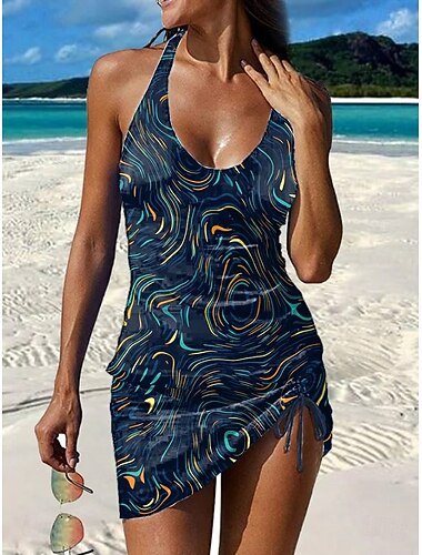  Dames Zwemkleding Tankini Rok Zwempak Halster Elegant Vakantie Bloemig Grafisch V-hals Mouwloos Badpakken