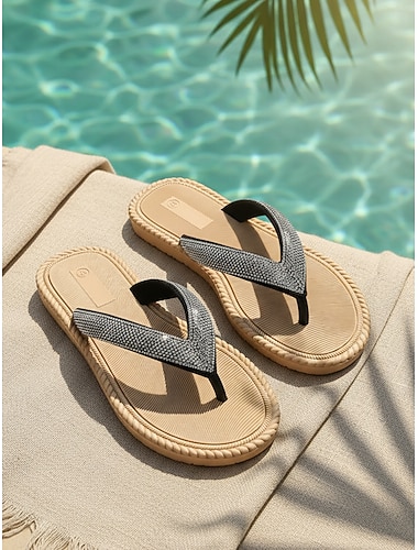  Sprankelende teenslippers voor dames met strasssteentjes – comfortabele platte sandalen met een gevlochten touwzool, casual zomerschoenen voor bij het zwembad, op het strand en op vakantie.