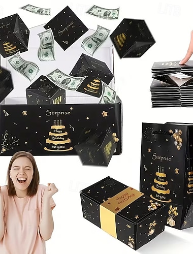  Überraschungs-Hüpfbox als Geburtstagsgeschenk mit Geld und Konfetti – lustiges Pop-up-Design, schwarz mit goldenen Akzenten, perfekt für Geburtstage oder besondere Anlässe.