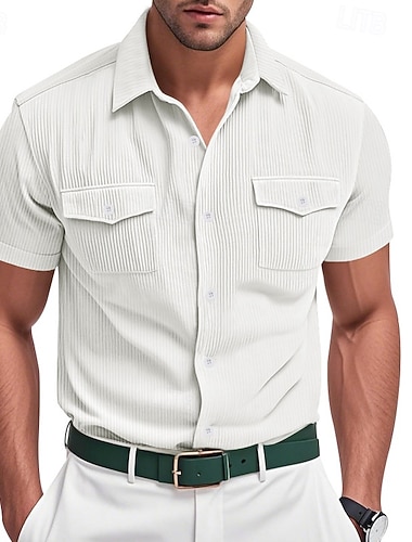  男性用 シャツ カジュアルシャツ コーデュロイシャツ ボタンアップシャツ ブラック ホワイト イエロー ネイビーブルー ブラウン 半袖 平織り テクスチャード加工 シャツカラー カジュアル 日常 フロントポケット 衣類 エレガント ファッション カジュアル
