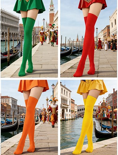  Kvinne Mardi Gras karneval fest over-kneet sokker sett - 4-pakning fargerike stripete og ensfargede thigh-high strømpebukser morsom festlig stil kostyme arrangementer parader og karnevalsfeiringer