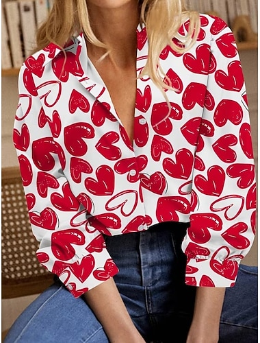  Valentinstag Damen Hemd Knöpfe Druck Herz Grafik Vintage Stilvoll Modern Langarm Hemdkragen Normale Oberteile Täglich Rote Frühling Herbst