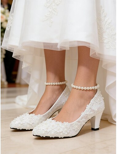  Dames bruiloft Schoenen Pompen Witte schoenen Jurk schoenen Grote maten Feest Bruiloft Effen Kleur Effen Bruiloft Hakken Bruidsschoenen Bruidsmeisje Schoenen Parel Imitatieparel Kant Kleine hak Ronde