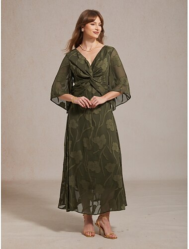  Dam Maxiklänning Chiffongklänningar Elegant Dagligen Strand Semester Spets Normal Blommig 3/4 ärm V-hals Oliv