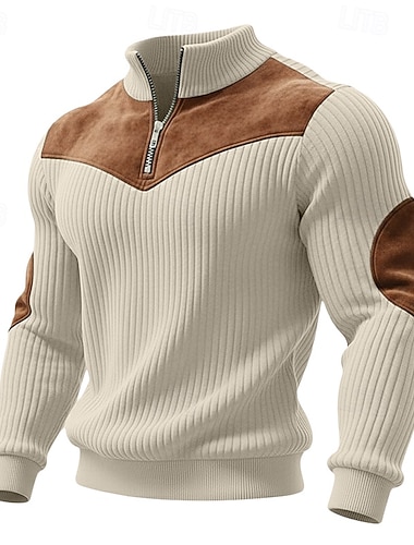  Herren Sweatshirt Pullover Kapuzensweatshirt Viertelreißverschluss Sweatshirt Rippenstrick Aprikose Schwarz Weiß Armeegrün Stehkragen Halber Reißverschluss Einfach Patchwork Strukturiert Lässig