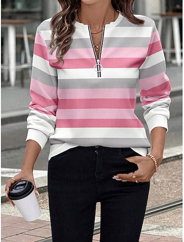  Mulheres Moletom Moletons com zíper Zíper Imprimir Gráfico Listrado Moda Casual Manga Longa Gola Redonda Tops regulares Rua Dia a Dia Rosa Outono Inverno