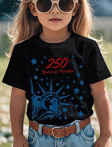 100% Cotone Bambini Ragazze Nero Grafico Statua della Libertà 250° anniversario Bandiera americana per bambini Maglietta Girocollo Manica Corta Vacanza Sport & Outdoor Abbigliamento Quotidiano Attivo