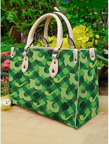  Grüne karierte Damen-Tragetasche mit Kleeblattmuster zum St. Patrick's Day – perfekt für Feiertage und den Alltag
