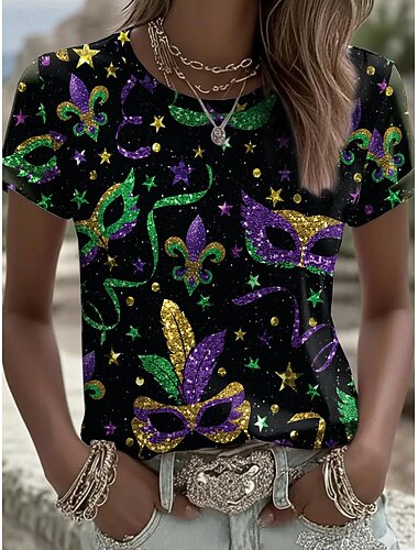  Carnaval Dames T-shirt Afdrukken Bloemig Vintage Stijlvol Klassiek Korte mouw Strakke ronde hals Normale tops Dagelijks Zwart Wit Geel Blozend Roze Paars Zomer Lente