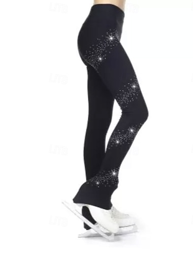  Kunstschaatsbroek voor dames en meisjes, zwarte, elastische trainingsbroek voor wedstrijden, thermisch warm, met kristallen/strasssteentjes, geschikt voor kunstschaatsen.