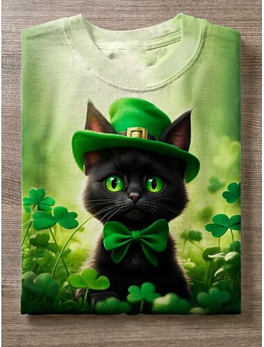  St. Patrick's Day Dames T-Shirt Grafisch Kat Shamrock Vintage Stijlvol Klassiek Korte Mouwen Ronde Hals Regular Tops Dagelijkse Print Lichtgroen Groen Zomer Lente