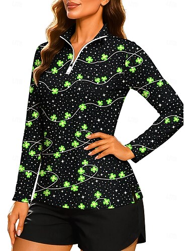  St Patrick Dam Unisex Klöver Tröja Polo sweatshirt Toppar Skjorta Långärmad Mönster Fjärdedels blixtlås Pullover UPF50+ UV-resistent Elastisk Andningsfunktion Volleyboll Tennis Golf Hög hals Hög krage