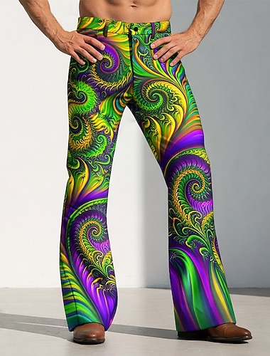  Karneval Herren Paisley-Muster Karnival Maske mit Federn Hose Disco-Hosen 60er 70er Schlaghosen Mittlere Taille Vintage-Retro Party Ferien Seitentaschen Schlaghose Frühling Herbst 3D-Druck Grün