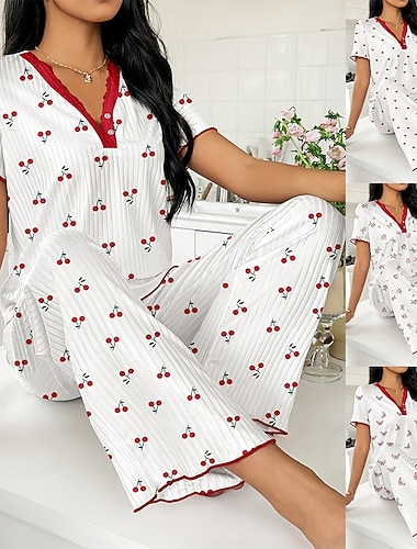  Dam Pyjamas set Ledigt Komfort Hjärta Elastisk midja Byxa Dagligen Hem Kortärmad V-hals Vit Vin Rubinrött Fuchsia Sommar Vår Lös passning