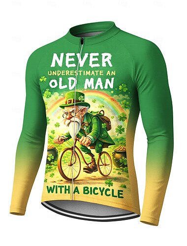  Männer St. Patrick Jersey Fahrradsporttrikot Downhill-Trikot Ombre Charakter Vierblättriger Kleeblatt Langarm Bike Tee T-Shirt Jersey Kompressionsbekleidung mit 3 Rückentaschen UV-Sonnenschutz mit