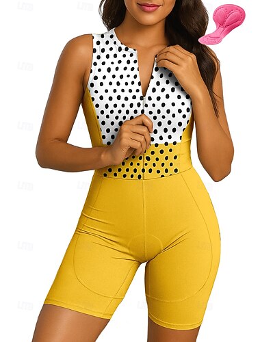  Naisten Triathlon Tri -puku Pyöräilypaitasarja Hihaton Kesä Keltainen Pallokuosi Pyörä 3D alusta Nopea kuivuminen Ultraviolettisäteilyn kestävä Etuvetoketju Heijastinraidat Urheilu Vaatetus