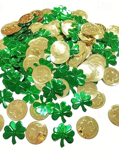  Tischdekorationen zum St. Patrick's Day, 100 Plastik-Glücksmünzen und 28 g Kleeblatt-Konfetti für Tischdekorationen und Gastgeschenke zum irischen St. Patrick's Day