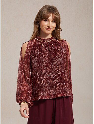  בגדי ריקוד נשים חולצה חולצת בוהו חולצה שקופה קפלים מתכתי פרחוני פייסלי אלגנטית שרוול ארוך צוואר הלטר צווארון גבוה כתף קרה יומי אורחת חתונה ליציאה יין קיץ אביב סתיו