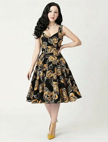  Rockabilly Mediodía Un vestido de línea Sin Mangas Ajustado / Acampanado Disfraz Mujer Carnaval día de San Valentín Casual Reunión de Antiguos Alumnos Fiesta temática retro Adulto Vestido Verano