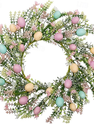  Wielkanocny wianek na drzwi wejściowe z pastelowymi, nakrapianymi jajkami i różowymi kwiatami, 18-calowy sztuczny wiosenny wianek na ścianę, okno, wystrój domu w stylu rustykalnym, dekoracja kwiatowa do wewnątrz i na zewnątrz