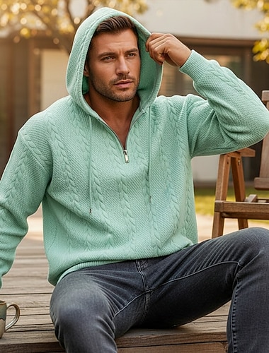  Herren Jacquard Pullover Kapuzensweatshirt Viertelreißverschluss Kapuzensweatshirt Aprikose Schwarz Weiß Hellgrün Wein Mit Kapuze Einfach Reißverschluss Strukturiert Lässig Täglich Sport & Outdoor