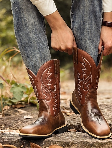  stivali da cowboy western in similpelle ricamata marrone da uomo - stile rodeo classico e resistente con punta quadrata per abbigliamento da ranch e all'aperto