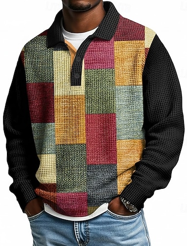  Per uomo Blocco di colori Geometrico Magliette Polo a Nido d'Ape Manica Lunga Magliette polo Camicie con Colletto Casual Affari Abbigliamento da lavoro Abbigliamento quotidiano Bottoni Primavera