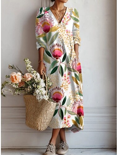  Dames Maxi Jurk Linnenachtig Ademend Lichtgewicht Zomerse Jurk Shift Jurk Casual Feest Reguliere Pasvorm Bloem Lange Mouw V-Hals Wit Roze Bruin Grijs Zomer Lente