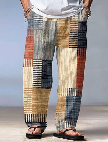  Homens Geométrica Xadrez Retalhos Calças Calça casual Calças largas Cintura Média Moda Casa Ao ar livre Férias Cintura elástica com cordão Calças de linho com bolsos Verão Primavera Impressão 3D Azul