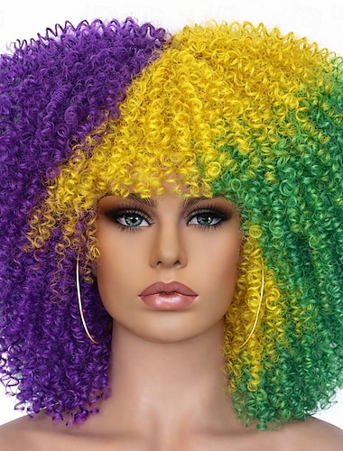  Peruca de Carnaval Roxa Verde Amarela Afro Afro Cacheada Curta Sintética Peruca de Festival Mardi Gras Desfile Fantasia Cabelo para Mulheres