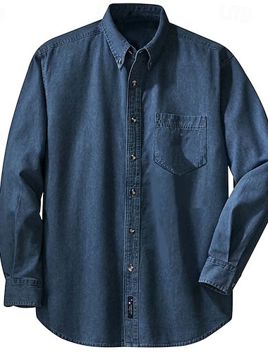  miesten farkkupaita tummansininen pitkähihainen yksivärinen turndown-paita loma päivittäin etutaskulla vaatteet farkku muoti rento