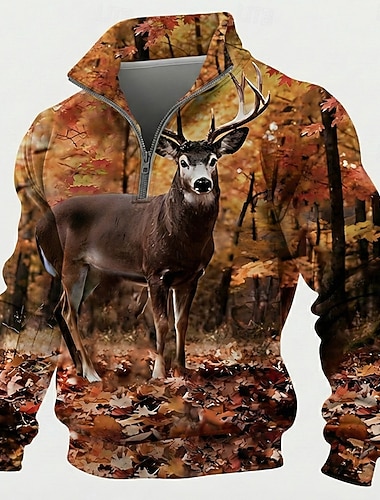  Herren Blatt Hirsch Pullover 3D Taktisch Vintage-Retro Jagd Stehkragen Outdoor Arbeit Geschenk Braun Reißverschluss Herbst Winter Designer S M L XL XXL XXXL