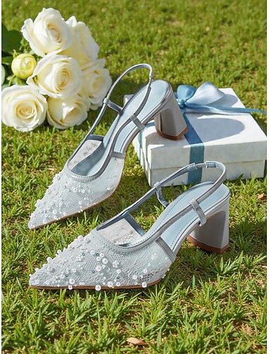  Women's Pearl Embellished Slingback Heels - Elegant Lace Pointed-Toe Wedding Shoes for Bridesmaids & Guests, Block Heels for Garden & Outdoor Ceremonies