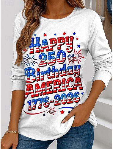  Dzień Niepodległości Amerykański Rocznica Patrioty Kobiecym T-shircie Graficznym Flagą Stylowym Casualu Długim Rękawie Okrągłym Dekolcie Regularne Tops Codziennym Nadrukiem Niebiesko-Białym Czerwonym