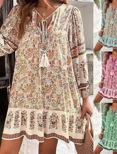  Damen Minikleid Shiftkleid Lässig Outdoor Strand Lässiger Schnitt Blumen Grafik Dreiviertelarm V Ausschnitt Rosa Himmelblau Grün Aprikose Sommer Frühling Herbst