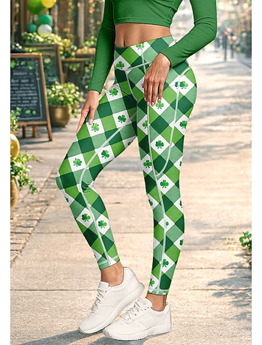  St Patrick Dam pilatesleggings Fitnessbyxor Gymleggings Fickor Stämpelskatt Sidfickor Pilates Gym Gymträning Byxor Trikåer Damasker Rutig Klöver Grön sporter Sportkläder Hög Elasisitet Tight passform