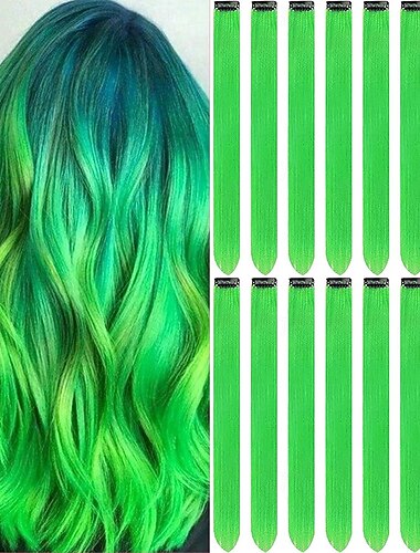  Pelucas Verdes 12 PCS Extensiones de Cabello Verde Clip en 22 Pulgadas Accesorios para Fiesta Mechas Largas Rectas Cabello Sintético para Mujeres Niñas