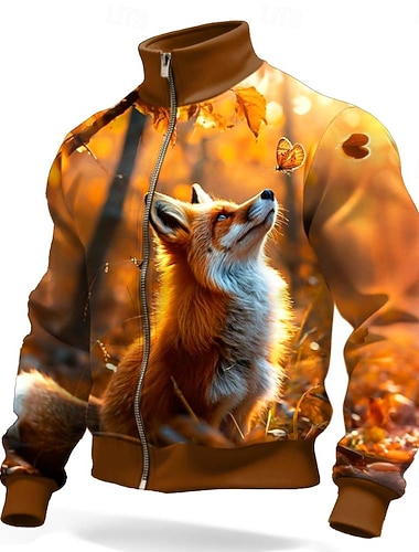  Herren Fuchs Jacke Pullover Mode Täglich Jagd Stehkragen Outdoor Streetwear Party Braun Braun 2 Braun 3 Reißverschluss Frühling Herbst Designer S M L XL XXL XXXL