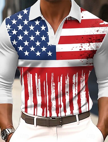  4 juli 2026 250e Voor heren Amerikaanse Amerikaanse vlag Polo Lange mouw Poloshirt Revers Casual Buiten Alledaagse kleding Festivaloutfit 3D-afdrukken Knop Lente blauw Blauw 1 Blauw 3#
