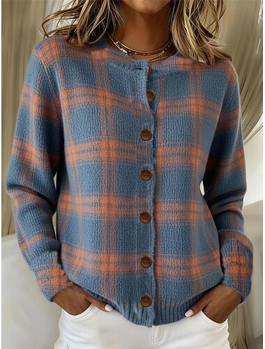  Mujer Cárdigan Moda Diario Casual Graphic Plaid Estriado Cuello Barco Floral Botones Estampado Manga Larga Tops regulares Tejer Diario Exterior Cita Azul Piscina Rojo Otoño Invierno