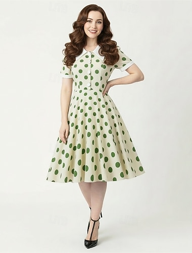  Rockabilly Middag En linje kjole Korte ermer Polkadotter Trang og vid passform Kostyme Dame Karneval Valentinsdag Avslappet Ball Retro-temafest Voksne Kjole Vår